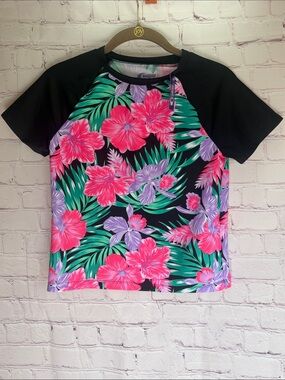 Sugar & Jade Kids‎ Short Sleeve Hawaiian Floral Swim Top - Black, Pink, Purple L